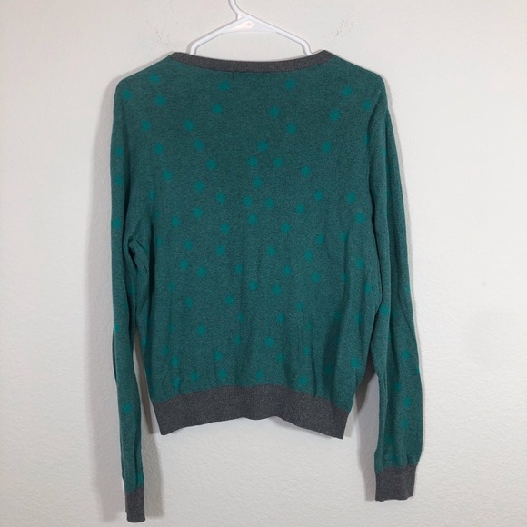 CAbi 🔥SALE🔥 CAbi green polka dot with gray trim button front cardigan. LH - Picture 5 of 8